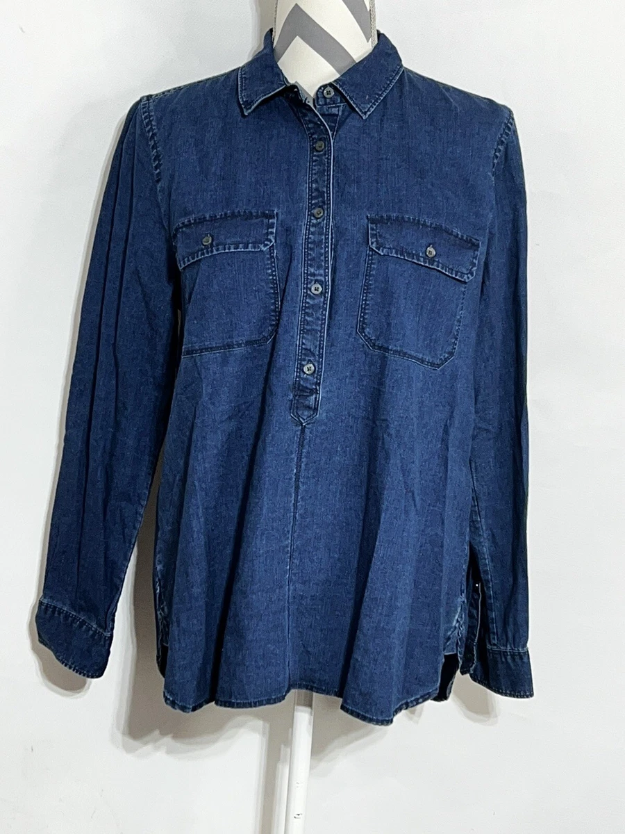 J CREW Boy Fit Denim Popover Shirt Women M Indigo Blue Long Sleeve