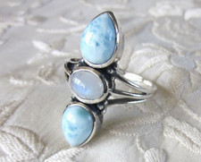 Larimar  Rainbow Moonstone Ring / size 9 / 925 Sterling Silver / 6.1cts  6.5g