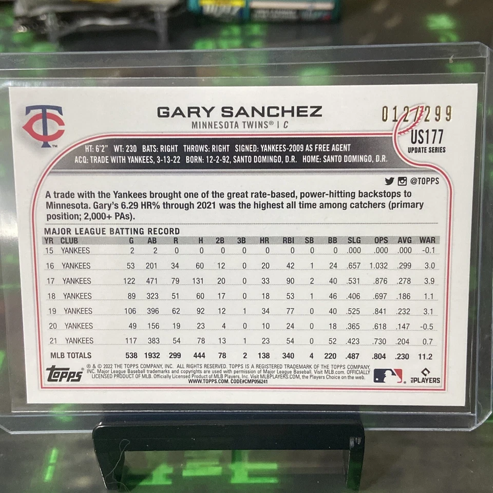 Gary Sanchez 2022 Topps Update Series #US177 Orange Ice Parallel 012/299 Twins - Image 3 of 4