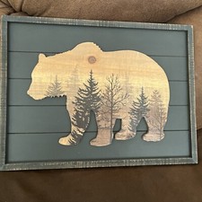 Bear in Forest Woodland Decorative Wood Framed Wall Art Prints Cabin Art 16 X 12