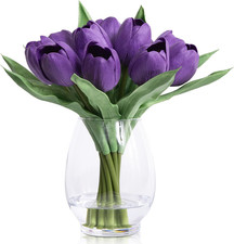 12 Pcs Fake Tulips Artificial Flowers in Vase with Faux Water, Real Touch Foam T