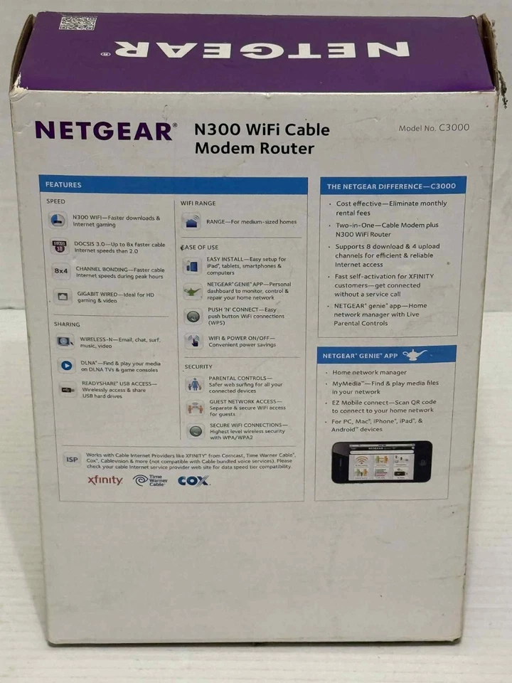 NETGEAR N300 WiFi Cable Modem Router C3000 802.11n DOCSIS 3.0 Xfinity Timewarner - Image 2 of 4