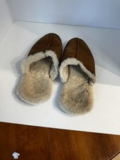 Mens Slippers Size 9 Brown Leather Real Shearling Wool Lined Scuff Mule
