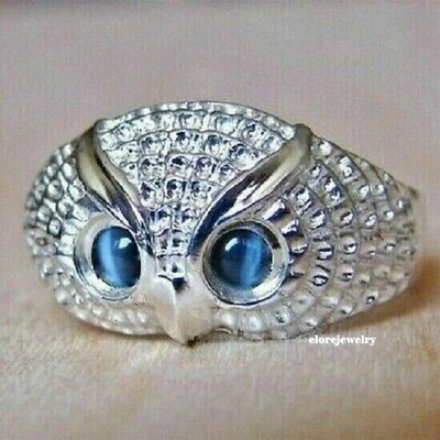 2 Ct Round Cut Simulated Tanzanite Owl Ring 14k White Gold Plated Finish