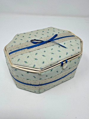 Vintage Octagonal Padded Fabric Sewing Basket Mint Green Lace Box Cottagecore