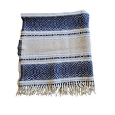 Faribo Woolen Mill 100 Wool Throw Blanket Navy Cream Geometric Fringe