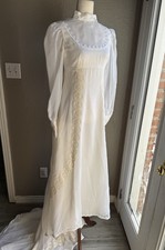 VTG Wedding Dress Edwardian Lace High Neck Mutton Sleeve 70s Victorian Gown XS