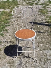 Antique Ice Cream Parlor Chair White Wrought Iron Oak Wood Seat 