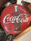 Coca-Cola Vintage Red Button Sign Metal 36" with Bottle Graphic Advertising