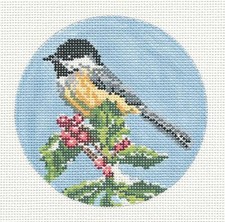 Chickadee Bird 4" RD. Ornament 18 mesh HP Needlepoint Canvas Needle Crossings
