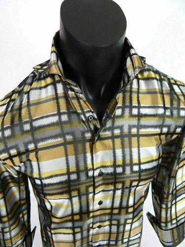 Mens Daniel Ellissa Dress Shirt High Collar Button Front Silver and Bronze Plaid - Picture 2 of 5