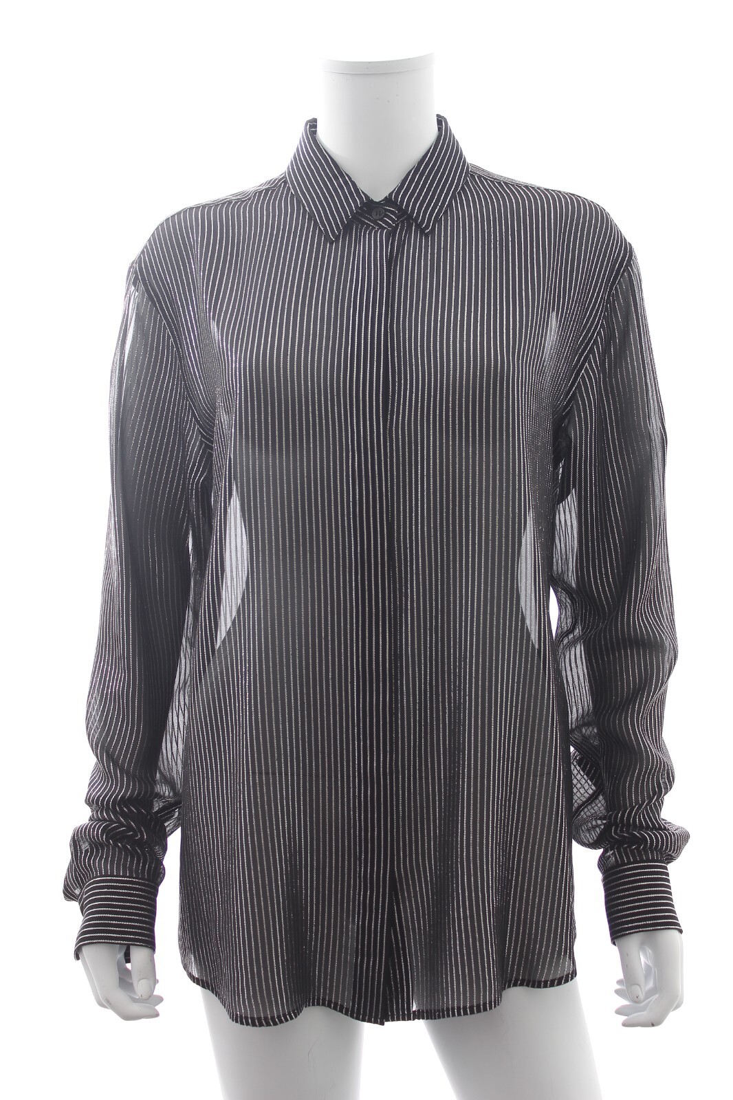 Saint Laurent Metallico Gessato Silk Blend Camicia Nero Argento