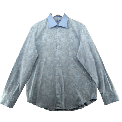 Robert Graham Men's Size L Blue Floral Embroidered Flip Cuffs Casual Shirt