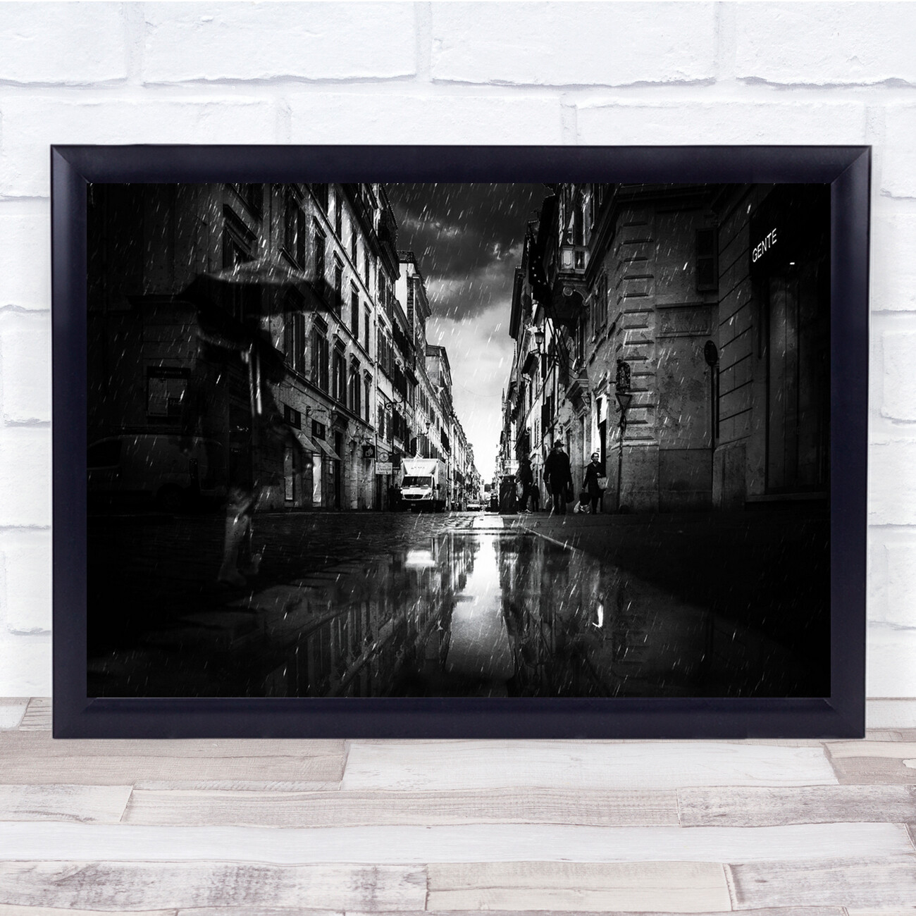 Street Road Way Black & White Dark Alley Raining Wall Art Print