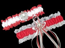 Set of 2 Red Satin White Lace Wedding Prom Bridal Garter Belt with Rhinestones