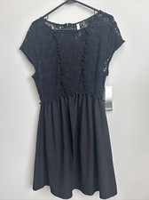  99 Kensie Women's Black Smooth Crepe Lace Sheer A-Line Dress Size M