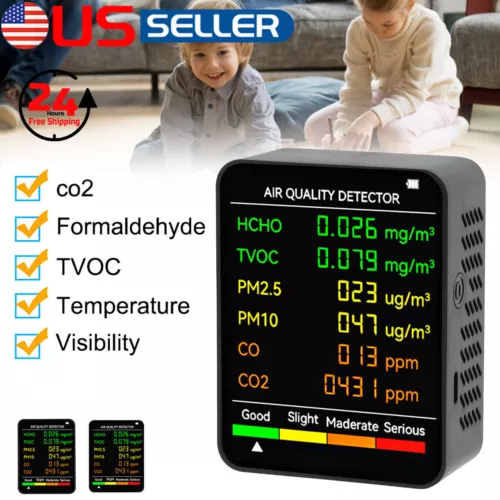 6in1 Air Quality Monitor PM10 CO2 Meter Carbon Dioxide Level TVOC HCHO Detector
