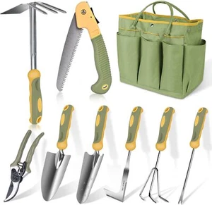 Garden Tool Set 9 Piece Stainless Steel Heavy Duty Green Gardening Tools NonSlip