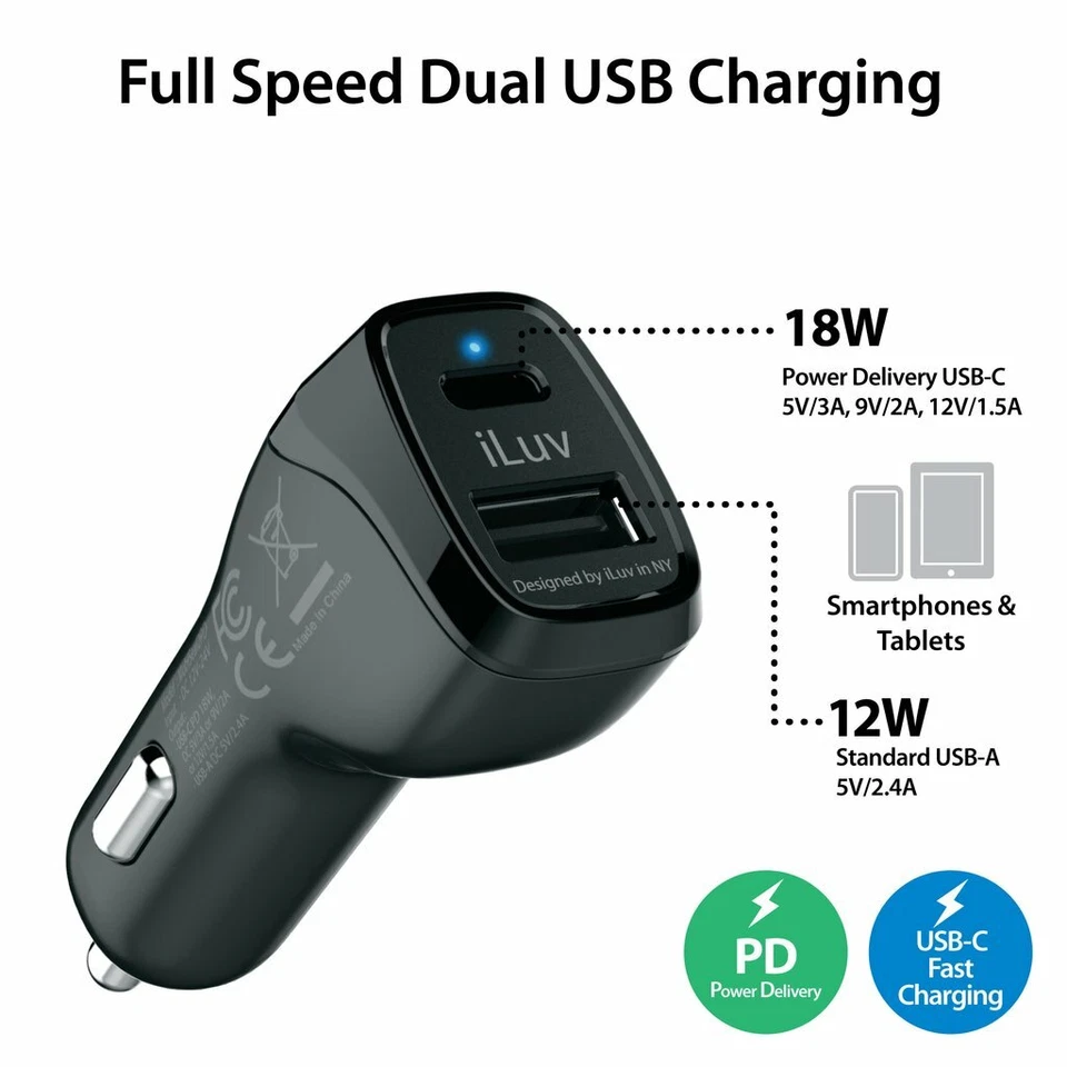 Cargador de Coche Rápido USB Doble 30W con Entrega de Alimentación USB-C de 18W y USB-A de 12W Foto 2 de 3