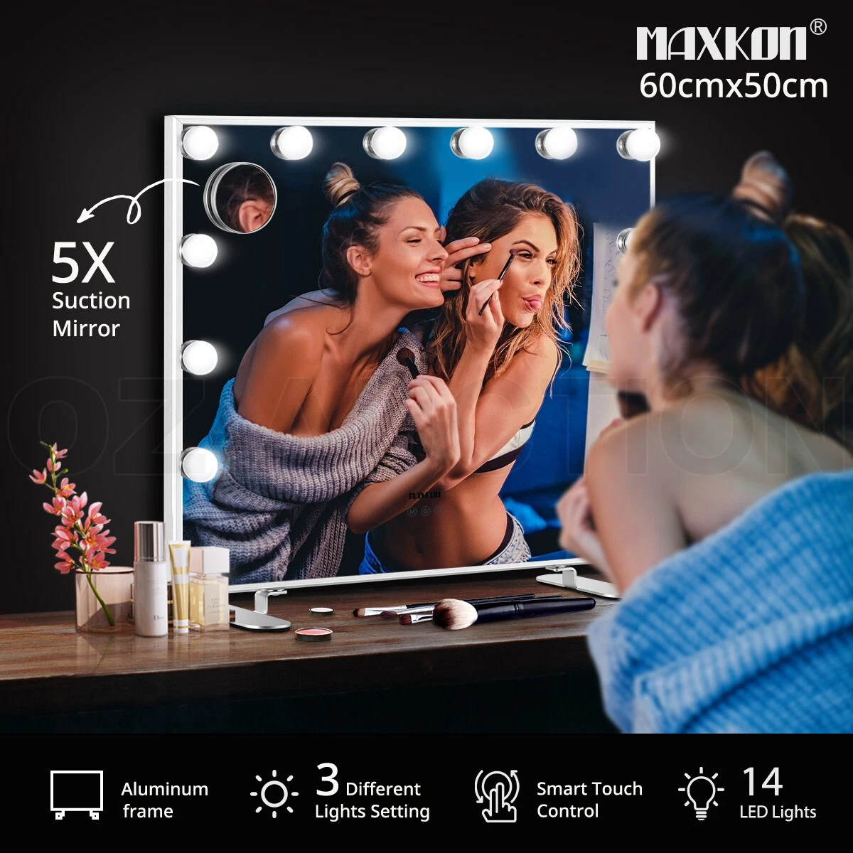 Maxkon Makeup Mirror Hollywood Vanity 14 LED Light Bulbs Sensor