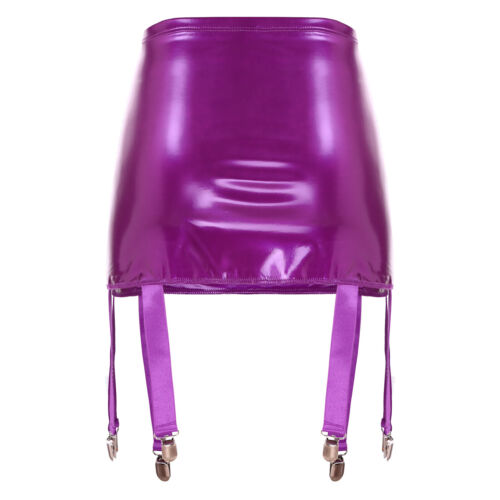Women Wet Look Patent Leather Garter Belt High Waist Suspenders with Metal Clips - Picture 46 of 64