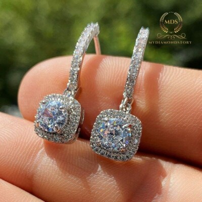 Moissanite Drop/Dangle Earrings Solid 14K White Gold CT Round