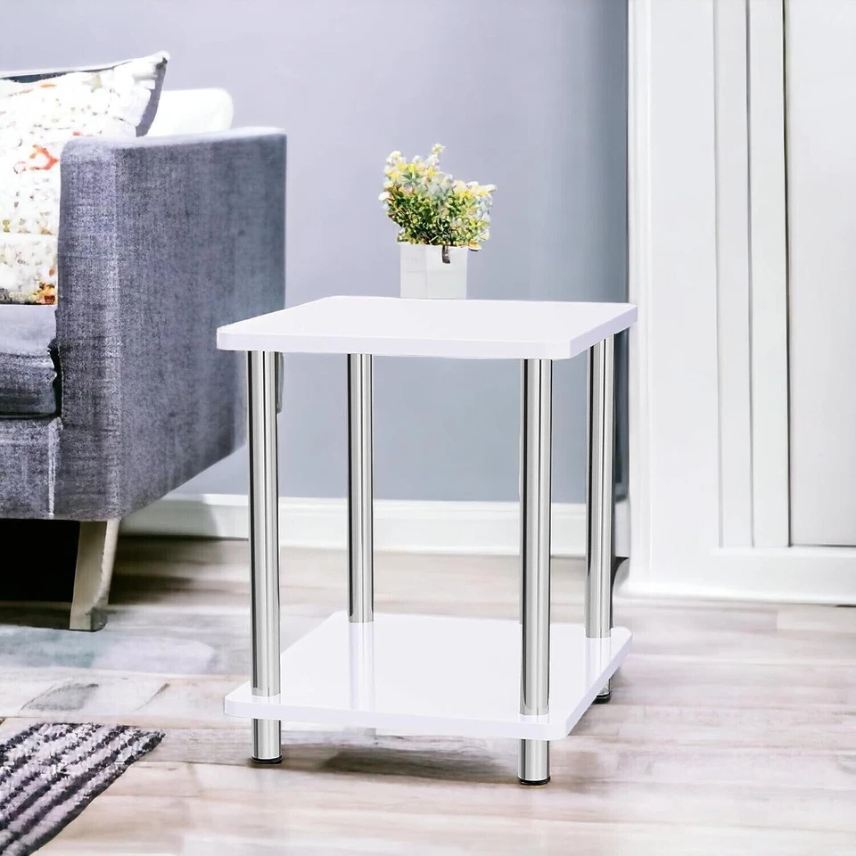 Small 2 Tier White Gloss Finish Side Table with Shelf Bedroom Coffee End Table - Image 2 of 4