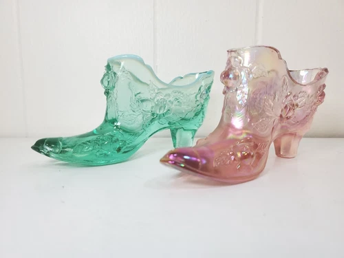Fenton Cabbage Rose Petal Pair Pink  & Emerald 6” Glass Slipper Shoe Boot Vntg