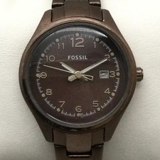 Fossil Womens Watch 32mm Brown Dial Steel Bracelet Date AM-4383 New Battery 6.5"