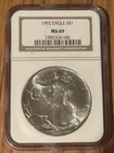 1992 Silver Eagle S$1 MS69 Brown Label NGC Dollar