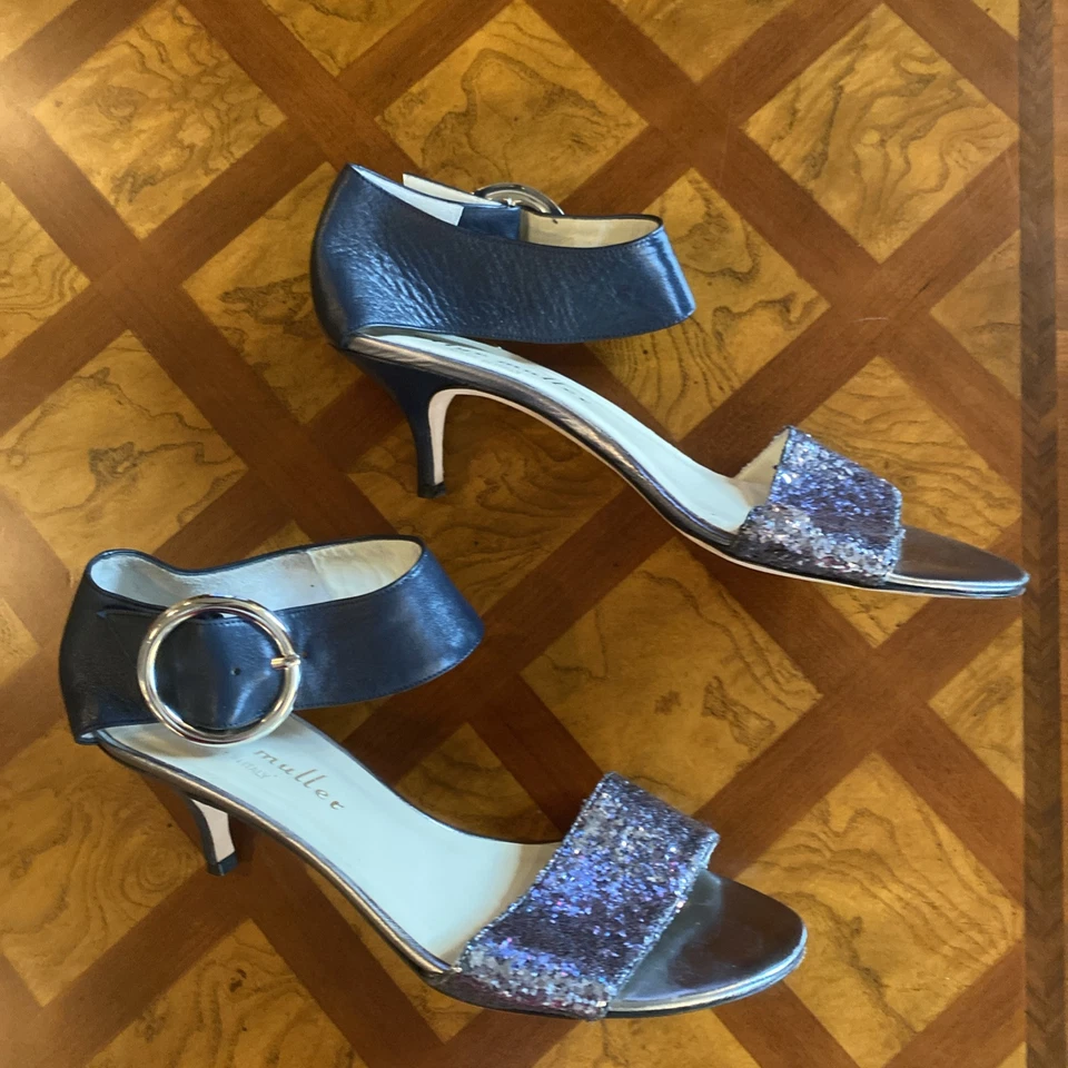 Sandalias Bettie Muller Y2K Vintage Tacón Gatito Brillo Tirantes 39 9 Plateado Azul Foto 2 de 4