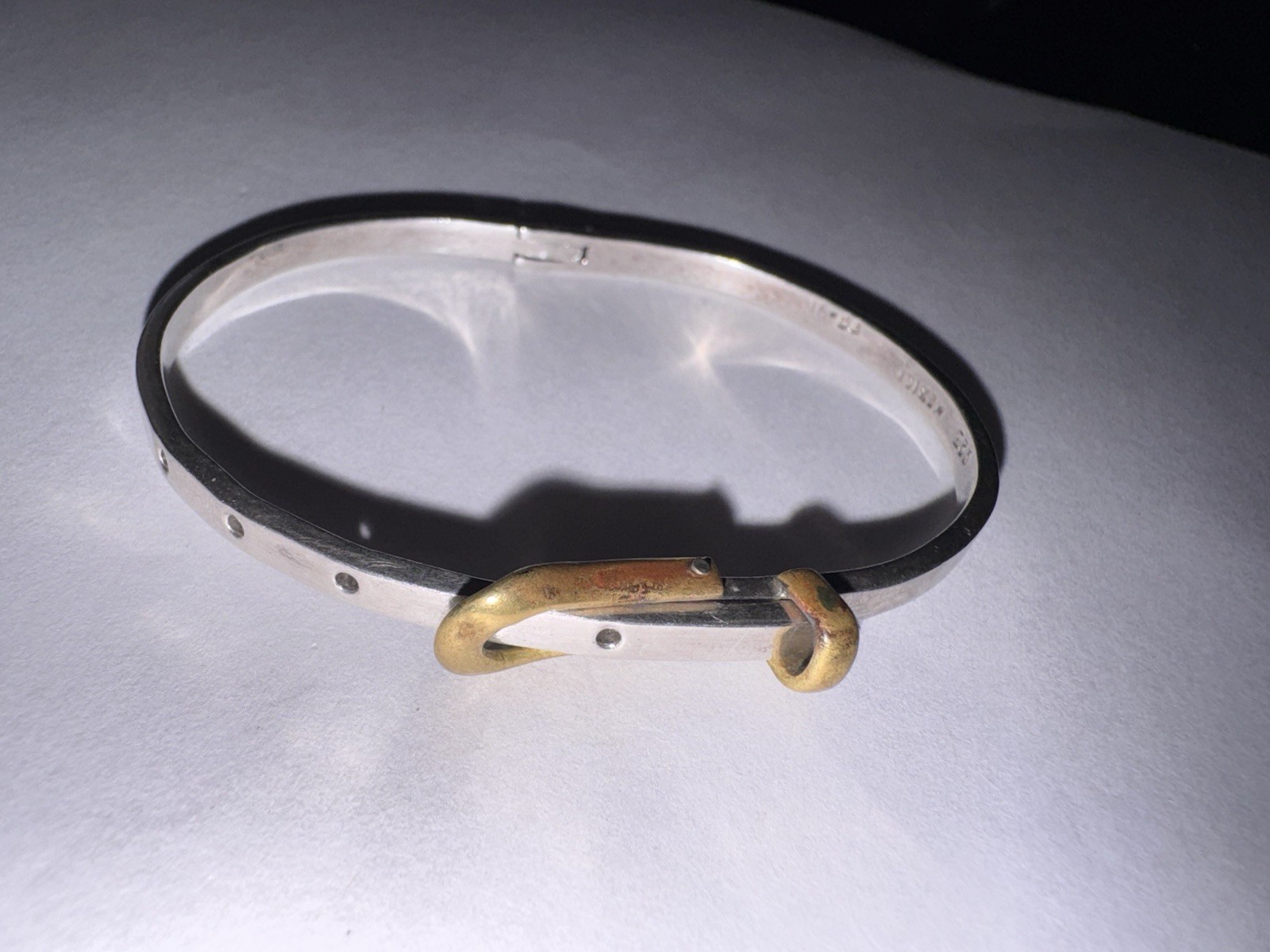 Silver Brass Hook Closure Round Bangle Bracelet w… - image 2