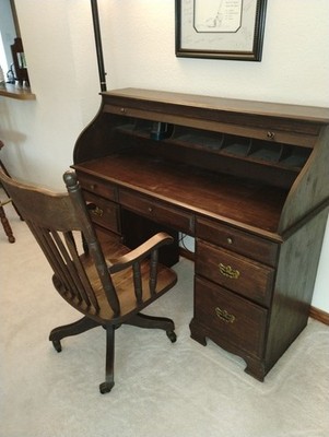 Vintage Railroad Roll Top Writing Secretary Desk Brown Oak Wood w