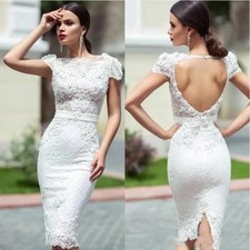 Sheath Short Wedding Dress Lace Applique Cap Sleeves Beaded Backless Bridal Gown
