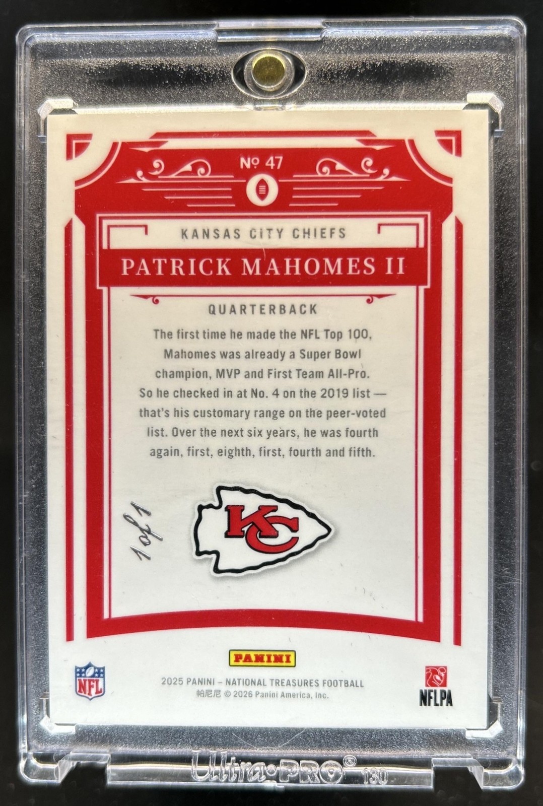 2025 Panini National Treasures Patrick Mahomes II Premium Gold Vinyl #1/1 Chiefs view 2