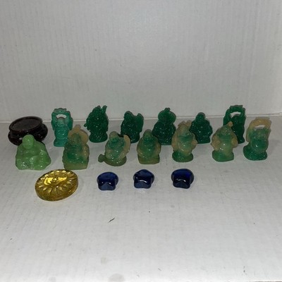 Lot of 13 Buddha Statues Green Jade Colored Resin Laughing Mini Stone Happy 