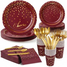 Maroon Gold Paper Plates and Napkins Party Supplies for 24 Guests, 168 Pcs Bu...