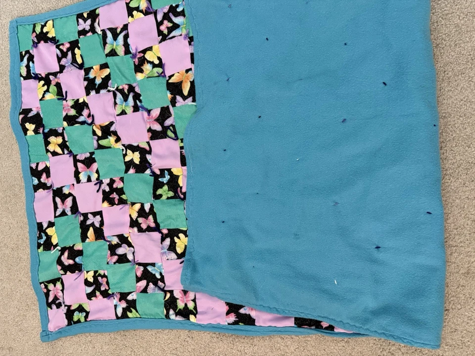 Огромный ручной работы бабочка лоскутное одеяло флис подкладка розовый и синий 38 x 63 дюймов - Изображение 3 из 3