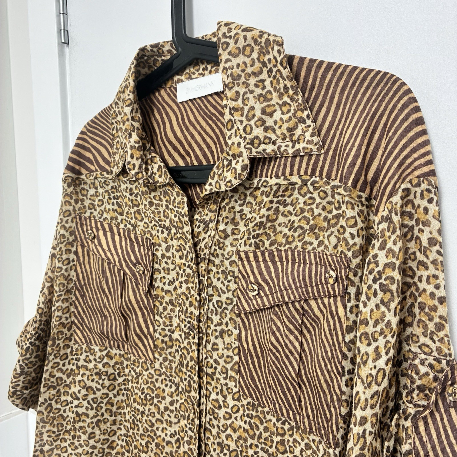 ZIMMERMANN Empire Leopard Safari Size 0 (AU 8-10 US 4-6) CUFFED BLOUSE SHIRT TOP