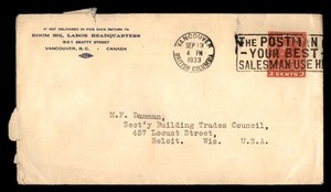Mayfairstamps Canada 1933 Vancouver to Beloit WI USA Cover cca_16069