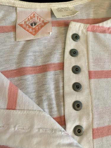 Vintage Hang Ten Crop Top Boxy Henley T-Shirt Pink Stripe Womens L Beach Surf - Picture 8 of 13