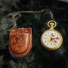 Vintage Mickey Pocket Watch with chain and leather pouch.