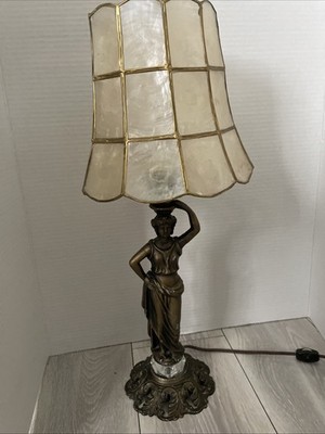 Art Nouveau Bronze Finish Woman Figural Capiz TableLamp 20 Tall Working