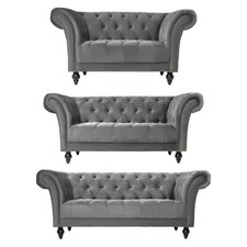 Velvet Chesterfield Sofa Suite Grey Tufted Buttoned Couch 1,2,3 Seater Gold Stud