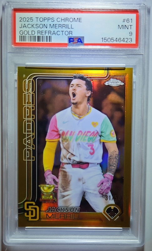 2025 Topps Chrome Jackson Merrill #61 Gold Refractor /50 Rookie Cup PSA 9 Mint