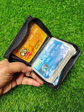 Black Leather Wallet Pocket Business Card ID Organizer Clear Sleeve Insert Zip A