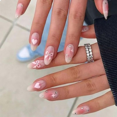 24 Stück Pink Liebe Herz Schleife Press on Nails Lang Almond False Nails Spie...