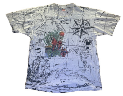 Vintage Caribbean Map Graphic T-Shirt XL White Compass Parrot Cotton USA