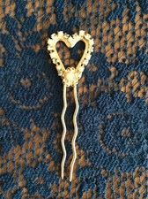 Gold Tone Two Prong Heart Vintage Hair Comb Pearl Rhinestone Fancy Wedding Forma