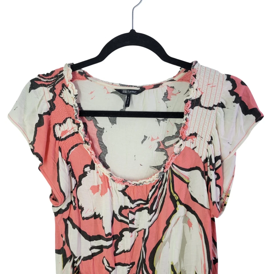 Daisy Fuentes Womens Sz L Peach White Floral Cap Sleeve Blouse - Image 4 of 4